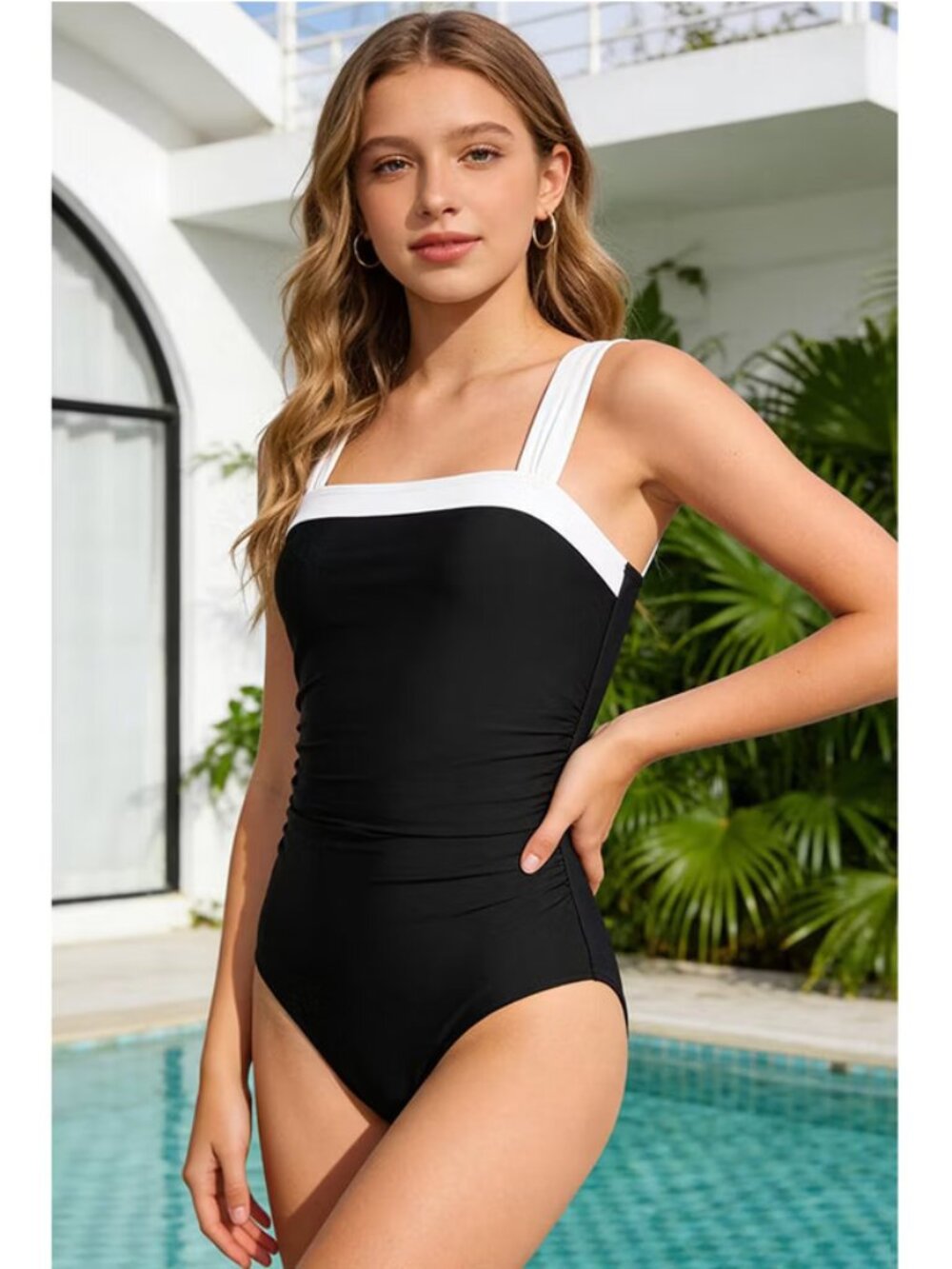 Charmo Girls Swimsuit One Piece Bathing Suits Retro Square Neck Ruched Adjustabl